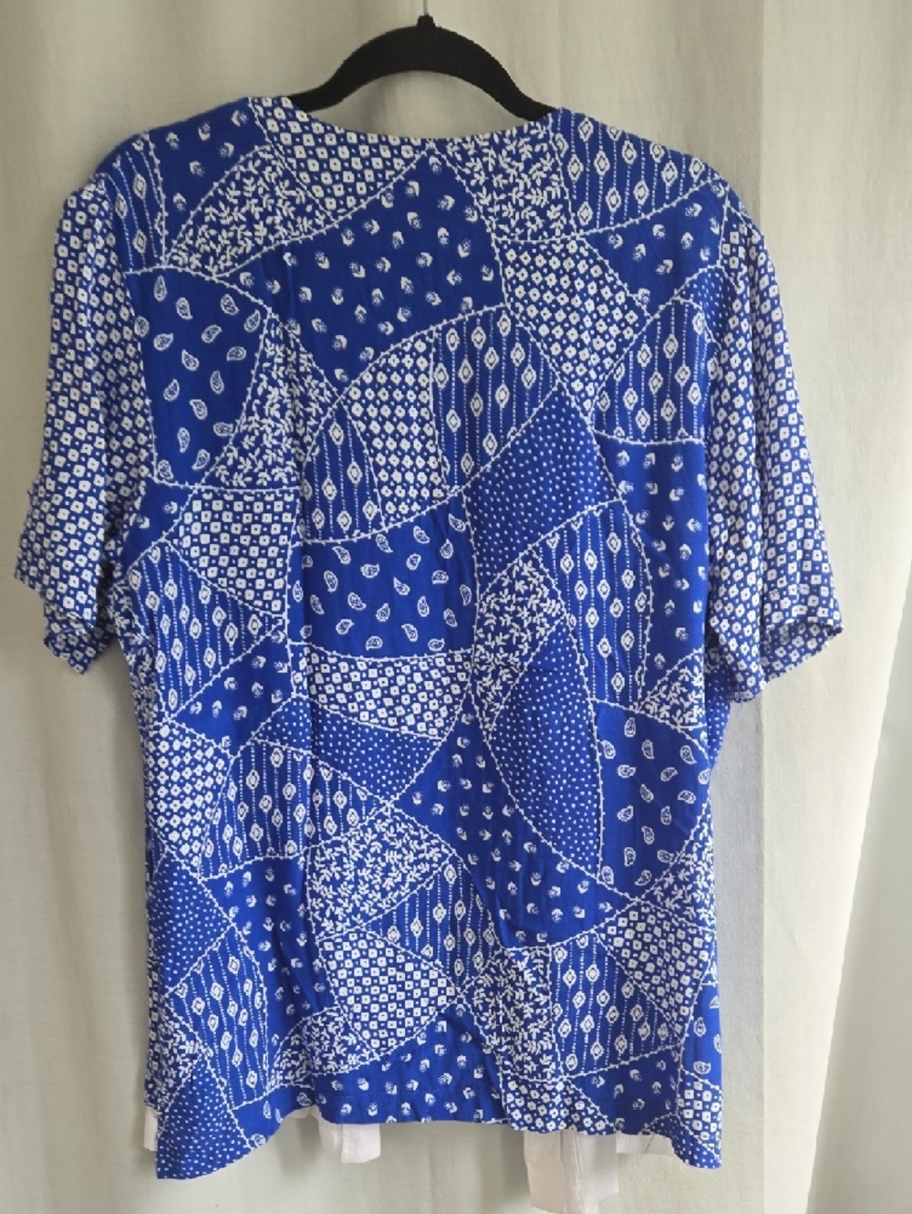 Adolfo Blue Patchwork Print Short Sleeve Button-Down with White Placket - Picture 11 of 13